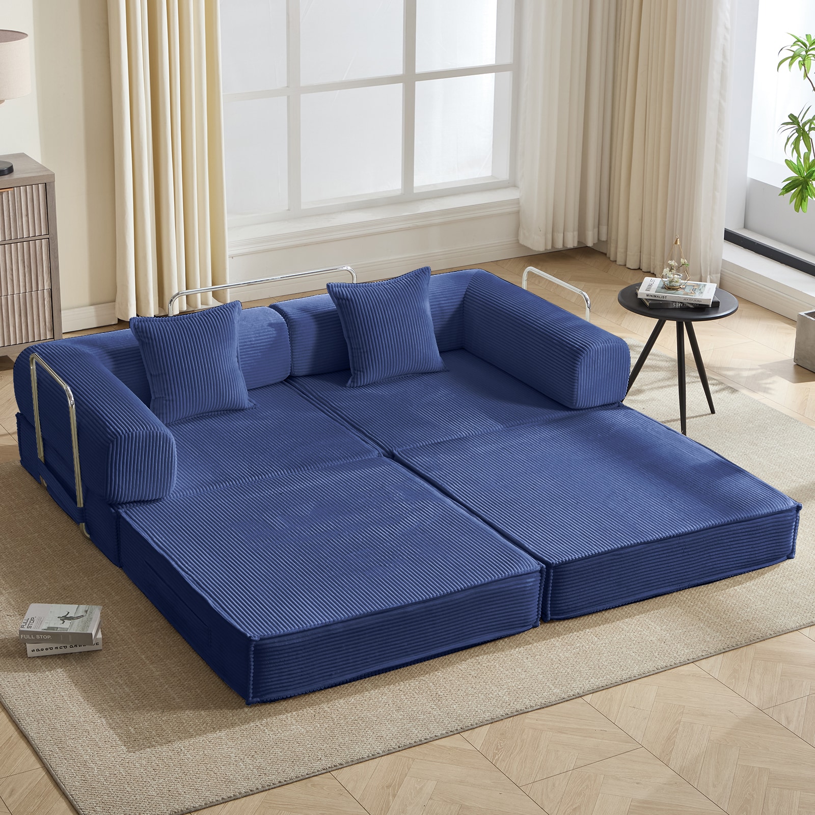 Convertible Corduroy Sleeper Sofa Bed With Two Pillows Blue_voghion.com
